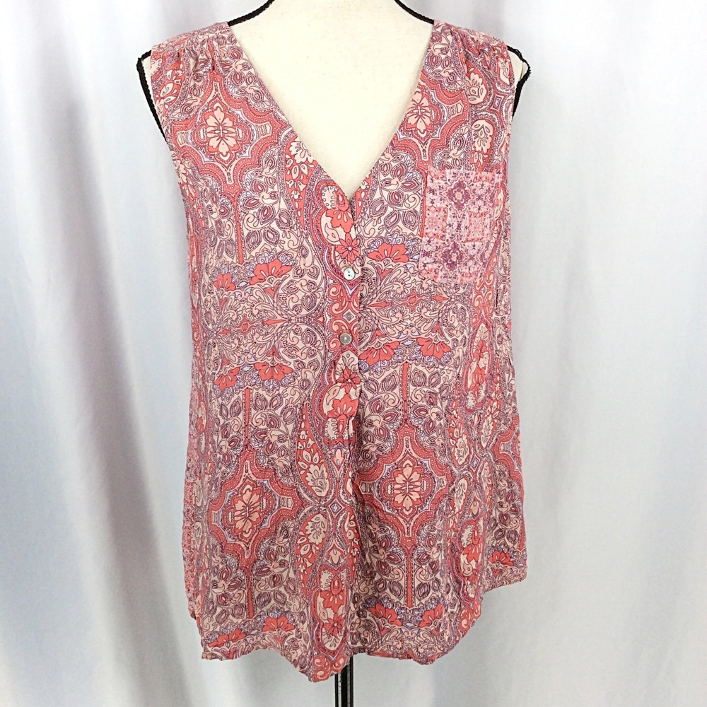 COMO Vintage Paisley Tank Top Women's Size Large Pink Button Down V-Neck